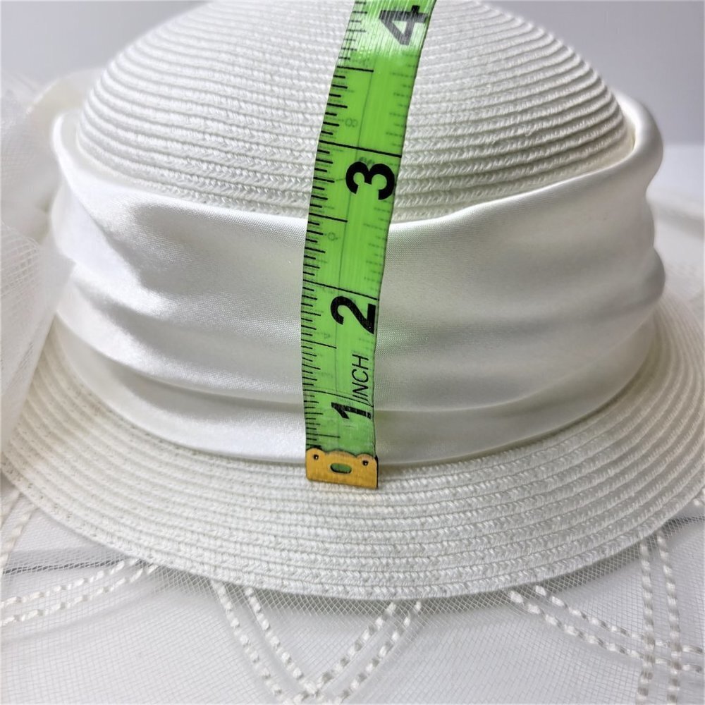 White Satin Ribbon Bows Rosettes Large Wide Brim Hat One Size Fits All - Picture 9 of 12